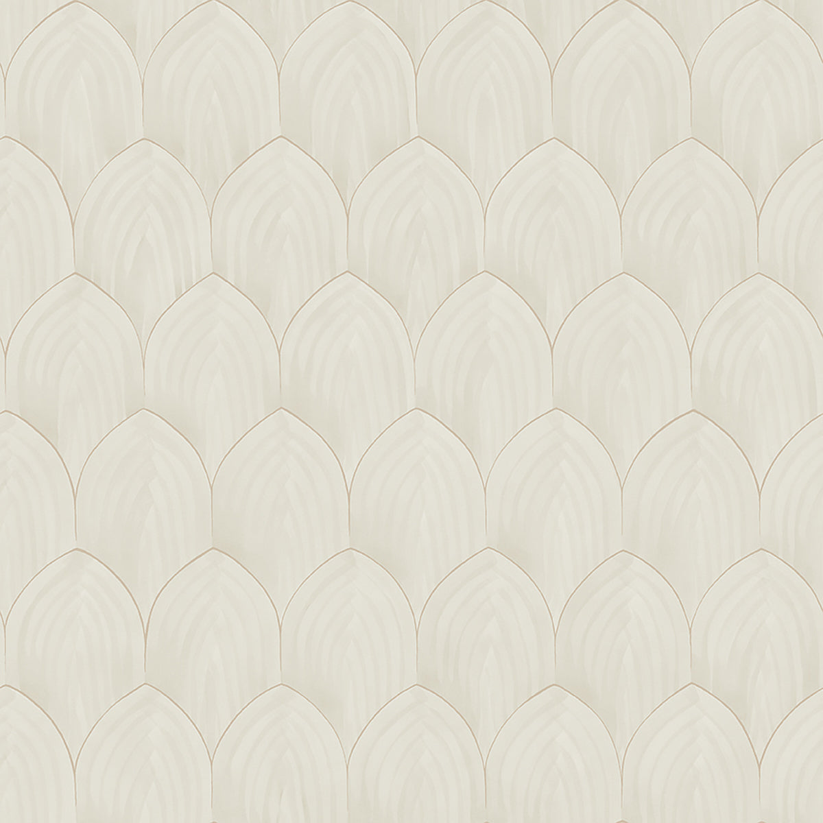 Golden Arches wallpaper in stone and gold with overlapping arches and subtle metallic accents, designed by Boråstapeter for Schumacher.