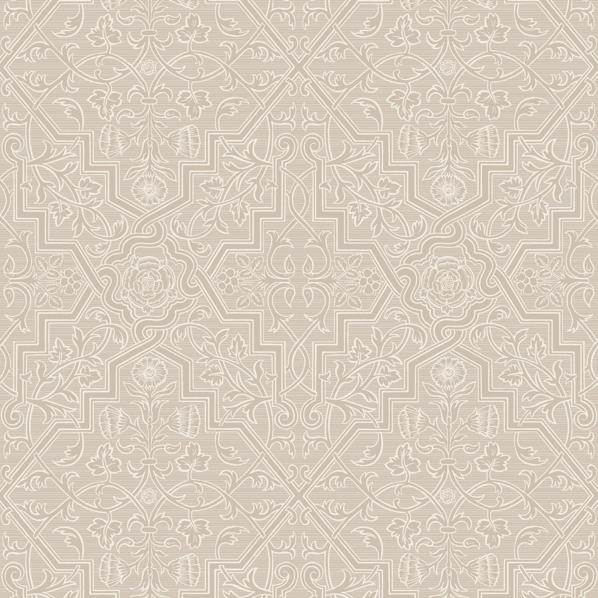 Rosenvinge wallpaper in natural by Boråstapeter for Schumacher, featuring looping vines, leaves, and roses in a geometric pattern.