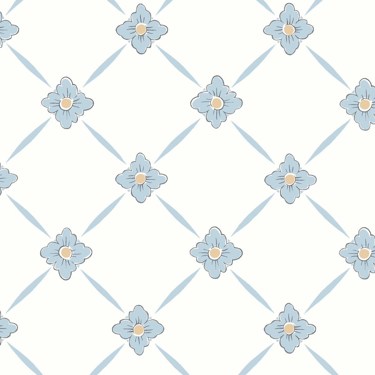 Linné blue and gold floral diamond pattern wallpaper by Boråstapeter for Schumacher, shown in a styled interior and close-up.