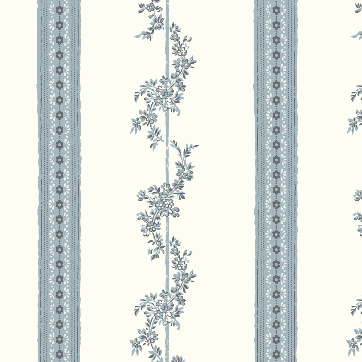 Drottningholm blue floral and banded daisy stripe wallpaper by Boråstapeter for Schumacher, shown in a Scandinavian-inspired living room.
