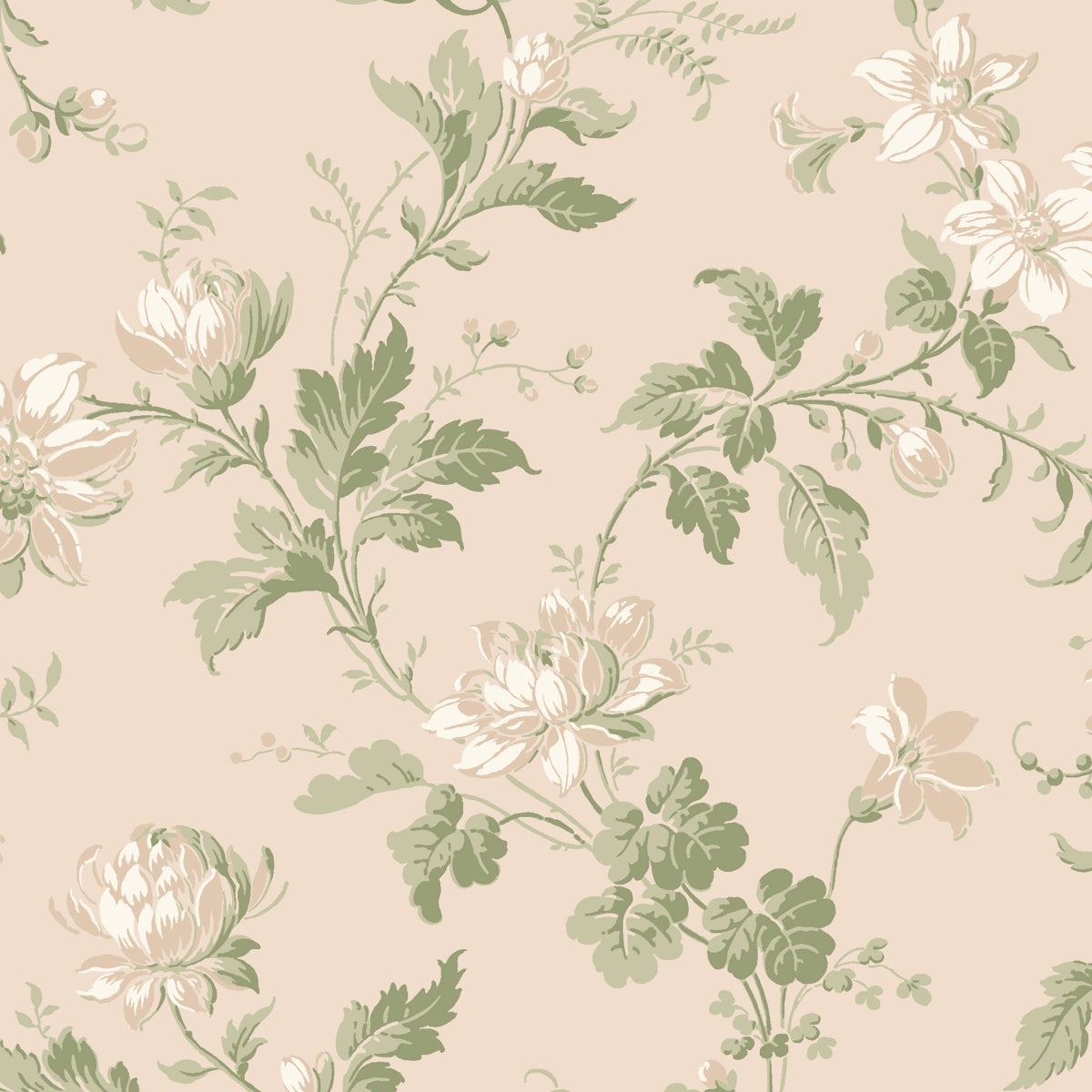 Blomslinga Leaf wallpaper by Boråstapeter for Schumacher, featuring a climbing-vine floral pattern in green and cream tones.