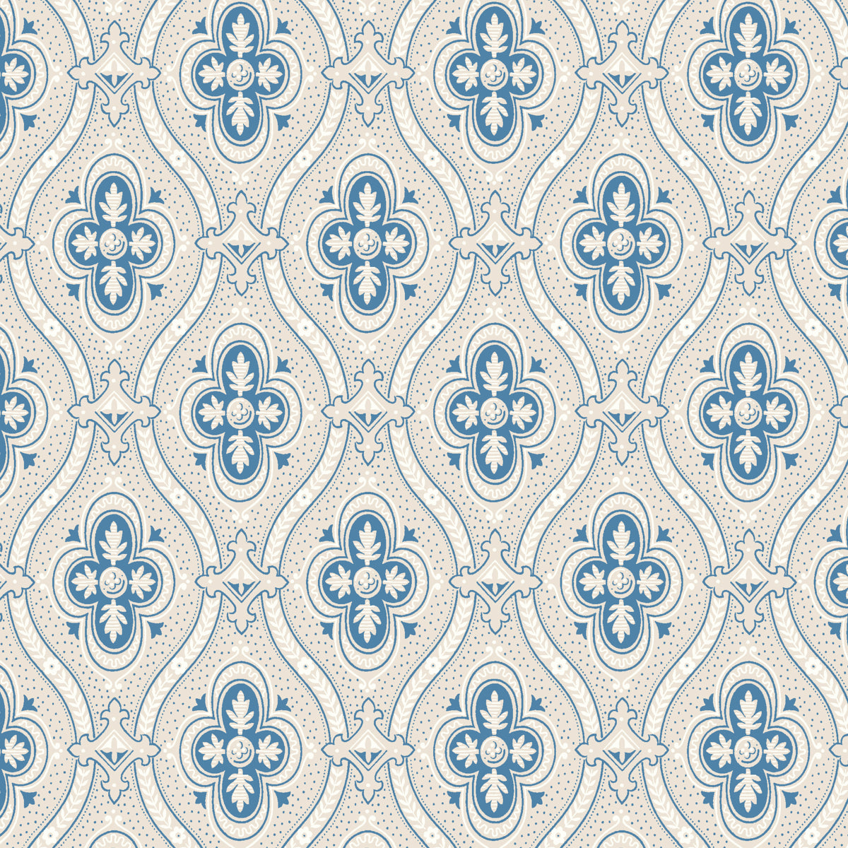 PIGKAMMAREN blue medallion wallpaper by Boråstapeter for Schumacher, shown in a styled interior and pattern close-up.