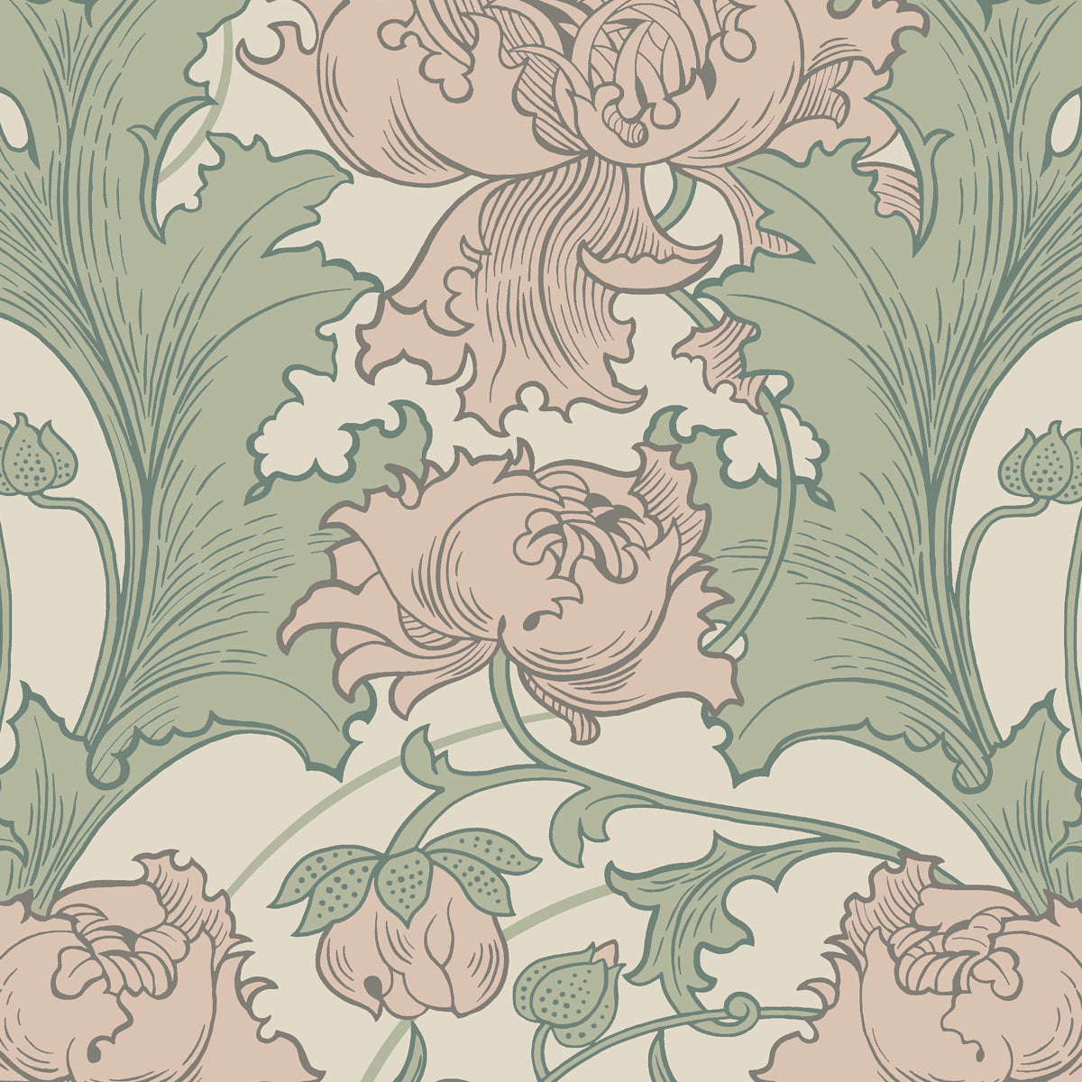 Siri Leaf by Boråstapeter, a lush floral wallpaper in green and blush pink, shown in a styled living room setting.