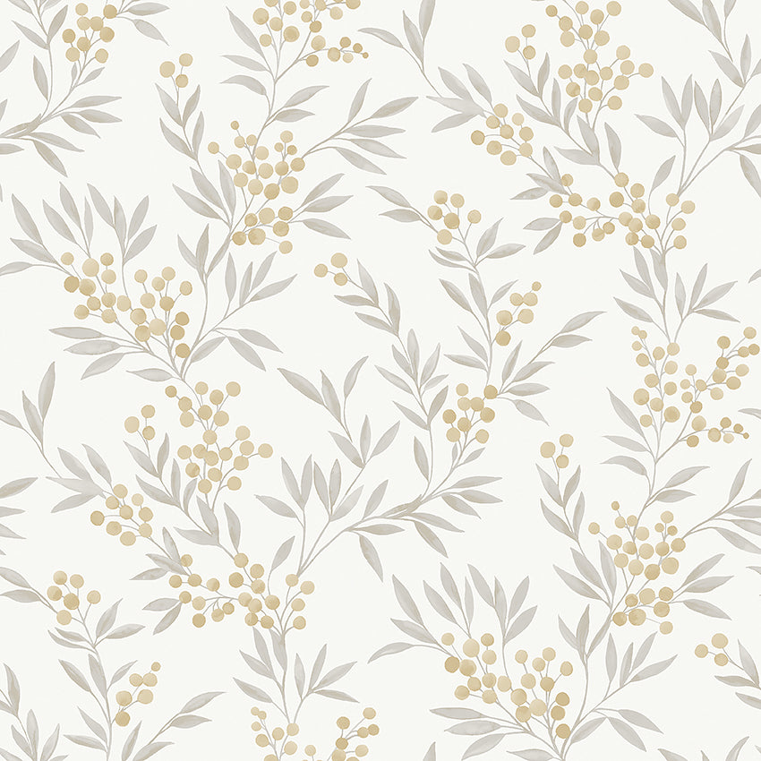 Forest Berries wallpaper in ochre and ivory with a botanical berry and leaf pattern by Boråstapeter for Schumacher.