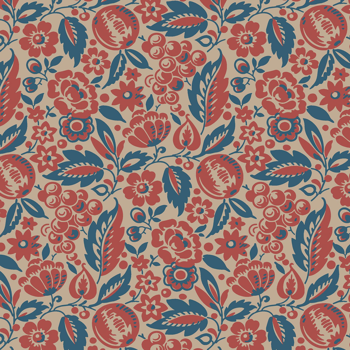 Elise wallpaper by Boråstapeter for Schumacher, featuring a dense allover pattern of red and blue flowers, foliage, and fruit in a Scandinavian folk art style.