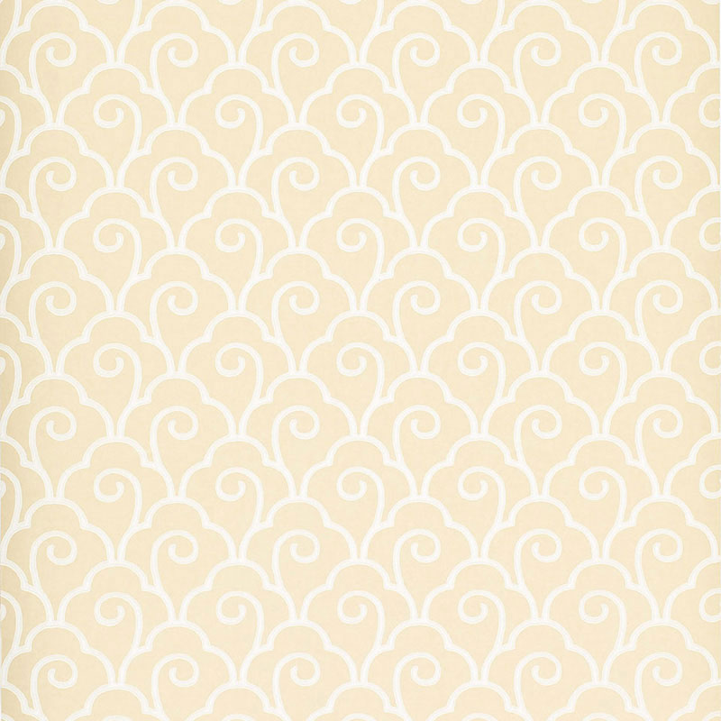 Scallop Filigree cream wallpaper with a stylized, scrolling filigree pattern by Schumacher