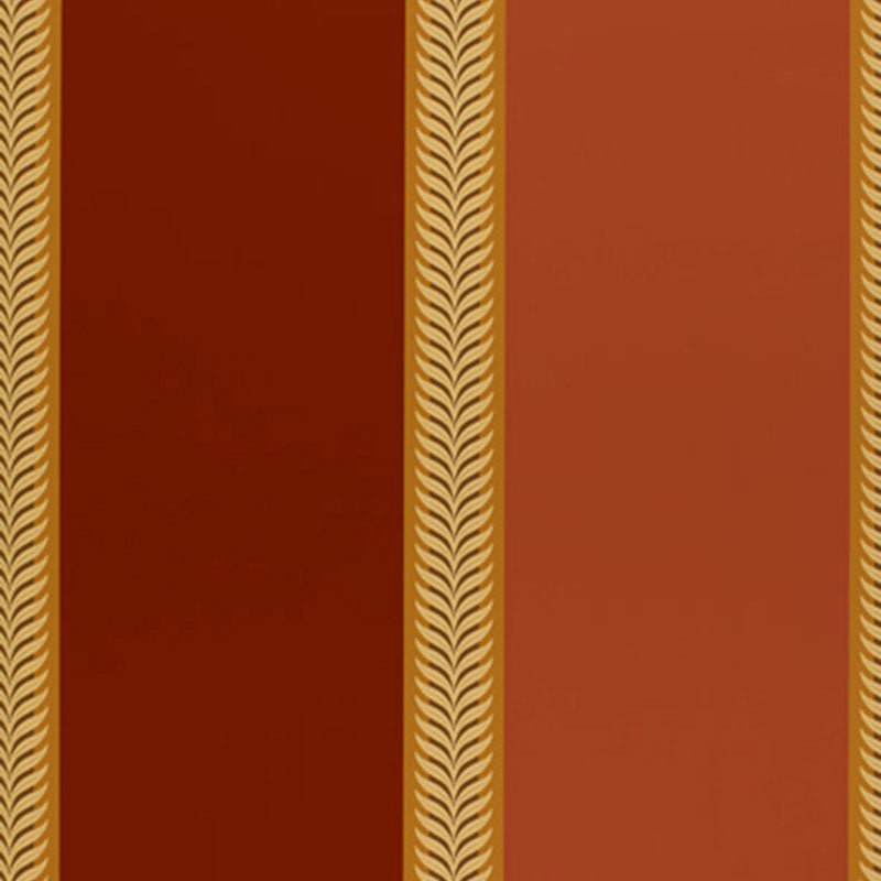 Valais Stripe lacquer wallpaper by Schumacher in rich red and gold vertical stripes with laurel leaf detailing.