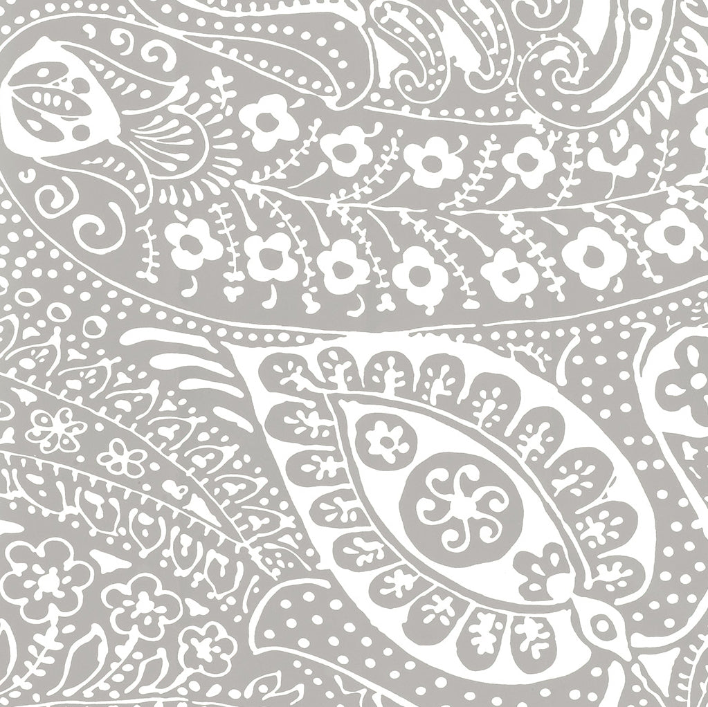 Grey and white paisley print wallpaper with hand screen design from Schumacher Avant Garde collection