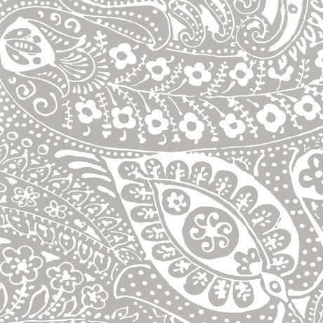 Grey and white paisley print wallpaper with hand screen design from Schumacher Avant Garde collection