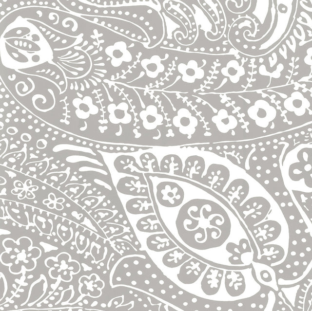 Grey and white paisley print wallpaper with hand screen design from Schumacher Avant Garde collection