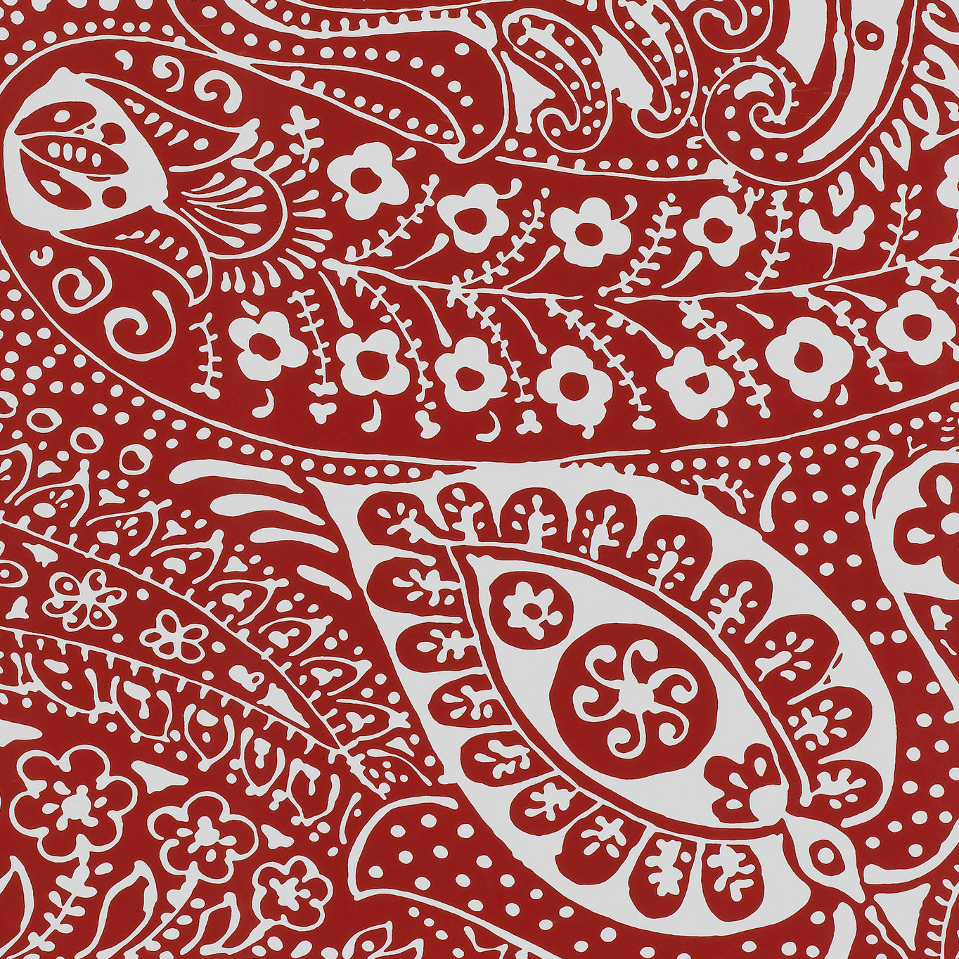 Red and white paisley print wallpaper with intricate floral and ornamental patterns