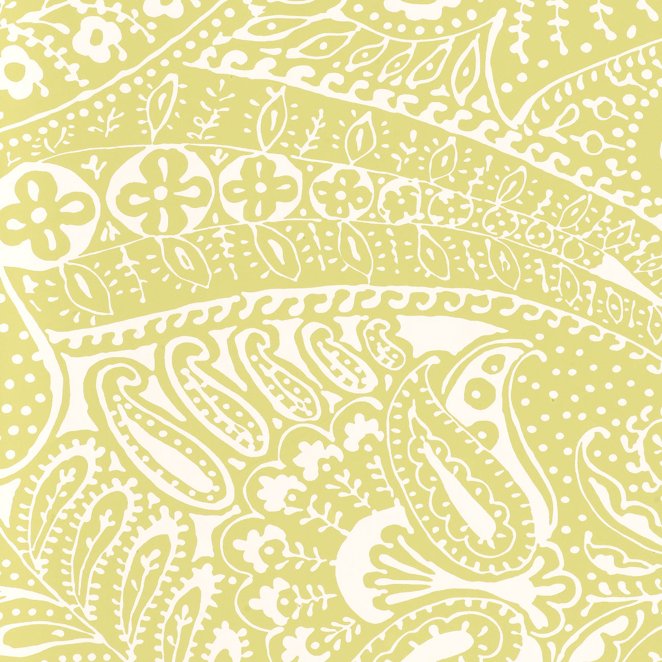Spring paisley print wallpaper with intricate floral and paisley patterns in light green and white by Schumacher.