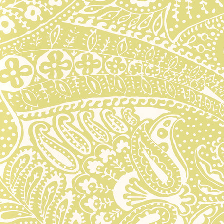 Spring paisley print wallpaper with intricate floral and paisley patterns in light green and white by Schumacher.