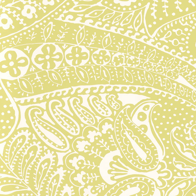 Spring paisley print wallpaper with intricate floral and paisley patterns in light green and white by Schumacher.
