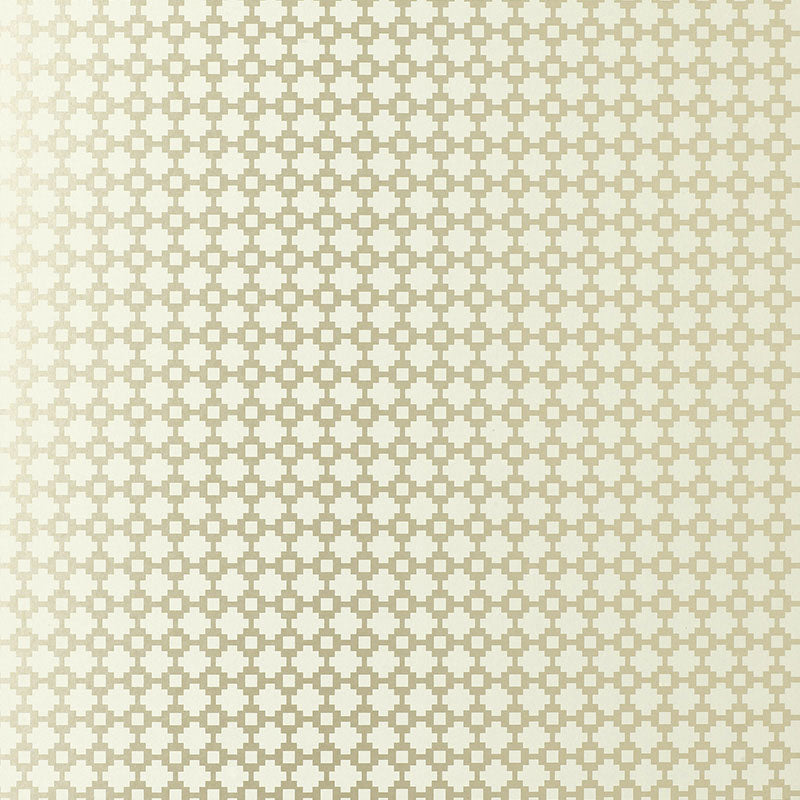 Shake It Up Frosted Metallic geometric wallpaper by Schumacher, featuring a metallic cross pattern on a light background.