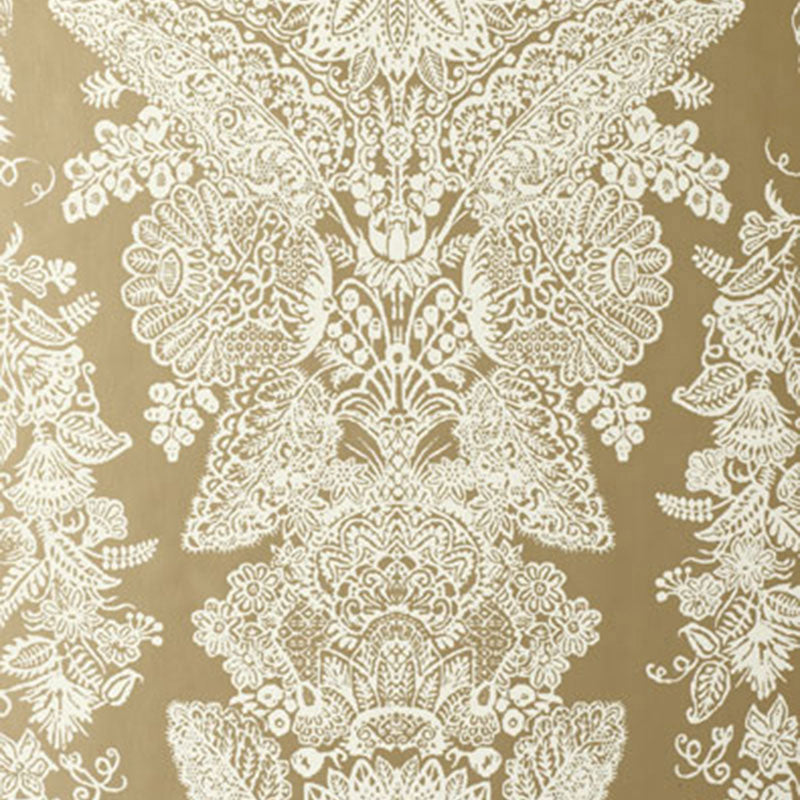 Champagne lace damask wallpaper with intricate hand screen printed pattern by Schumacher.