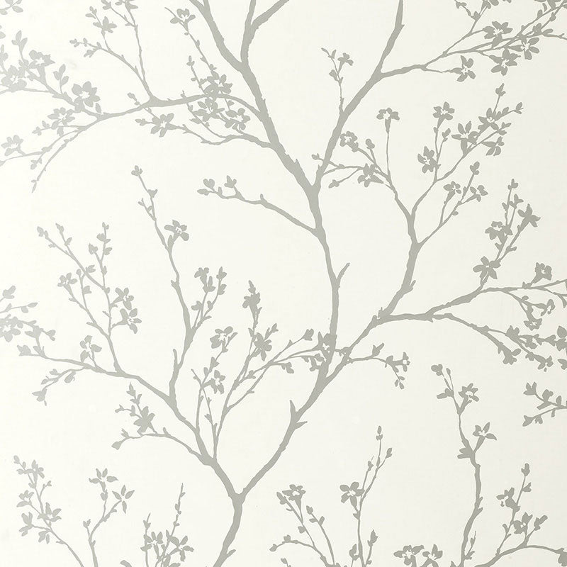 Twiggy Silver wallpaper by Schumacher featuring delicate flowering branches silhouetted against a solid ground.