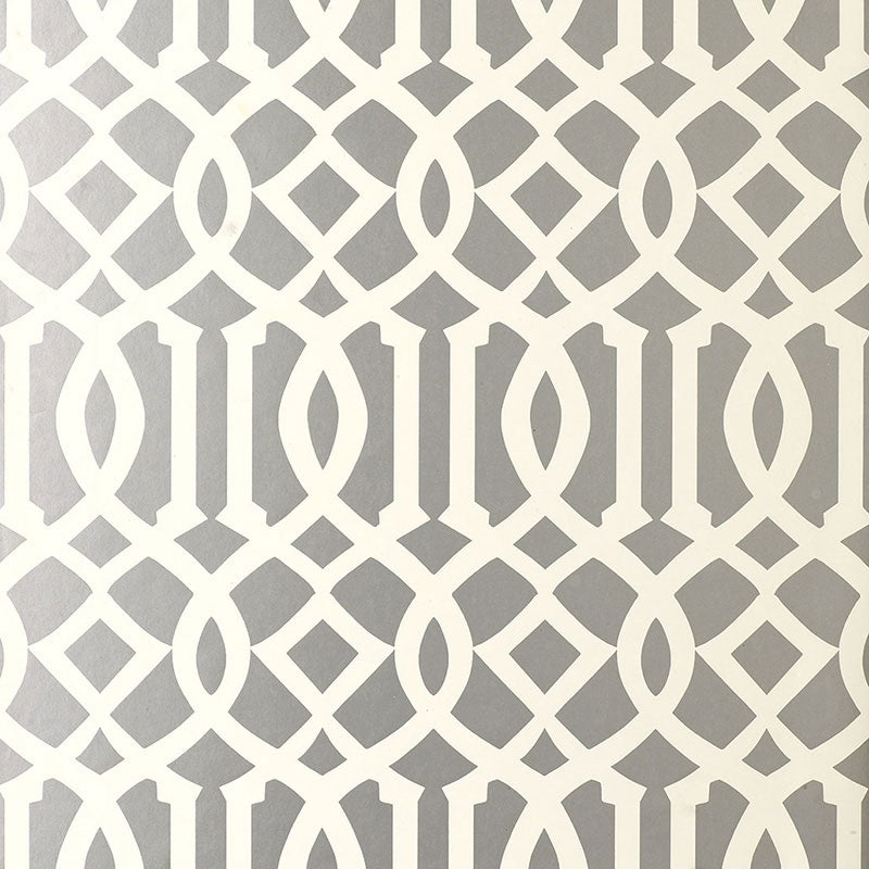 Imperial Trellis wallpaper by Schumacher in a silver geometric trellis pattern, designed by Kelly Wearstler, shown in interior settings.
