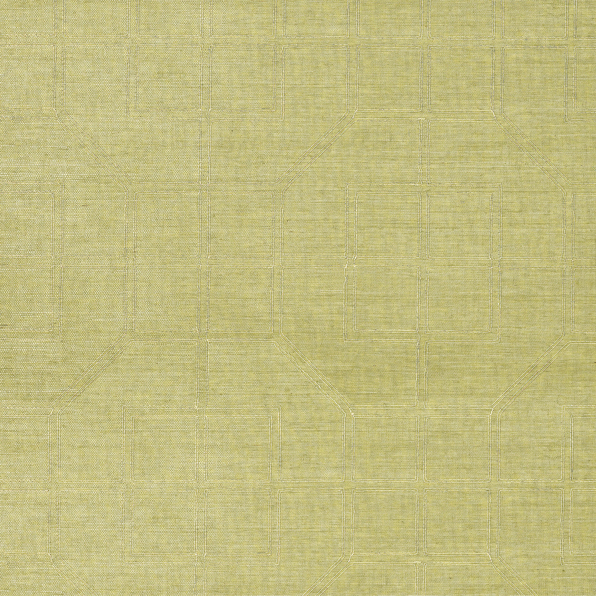 Linyi Embroidered Fret Sisal in Celery, handcrafted wallcovering with geometric embroidered pattern, by Schumacher.