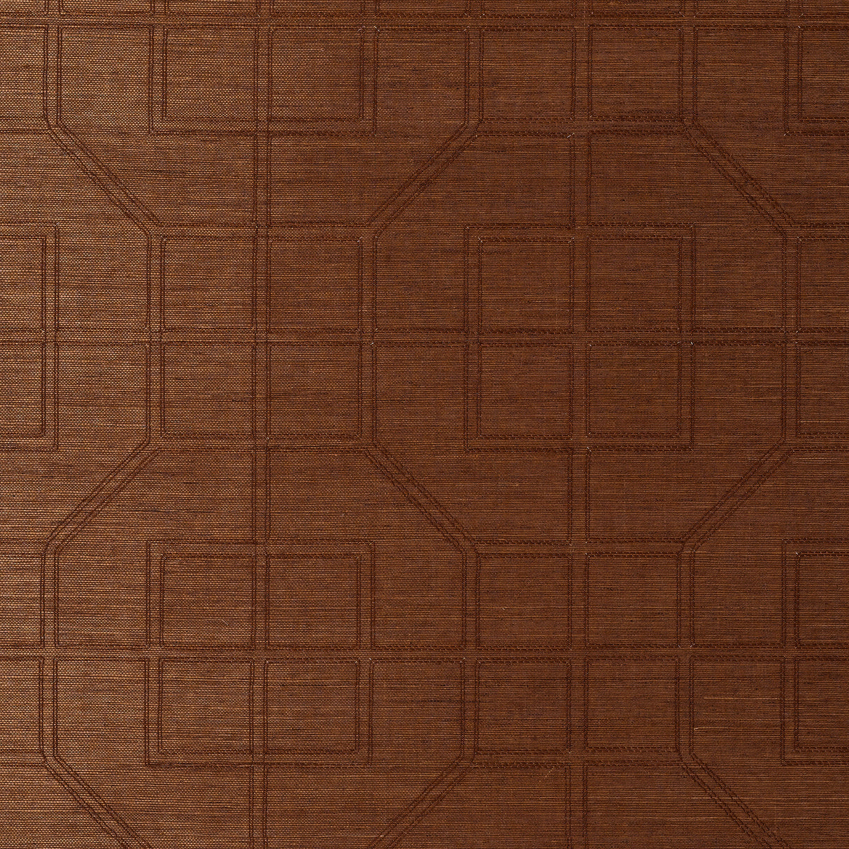 Linyi Embroidered Fret Sisal in Chestnut, handcrafted wallcovering with geometric fretwork pattern and sisal texture.