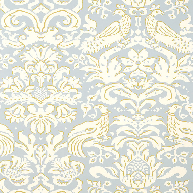 Aldwyn Damask wallpaper in Robin's Egg blue and cream with a classic damask pattern featuring birds and floral motifs.