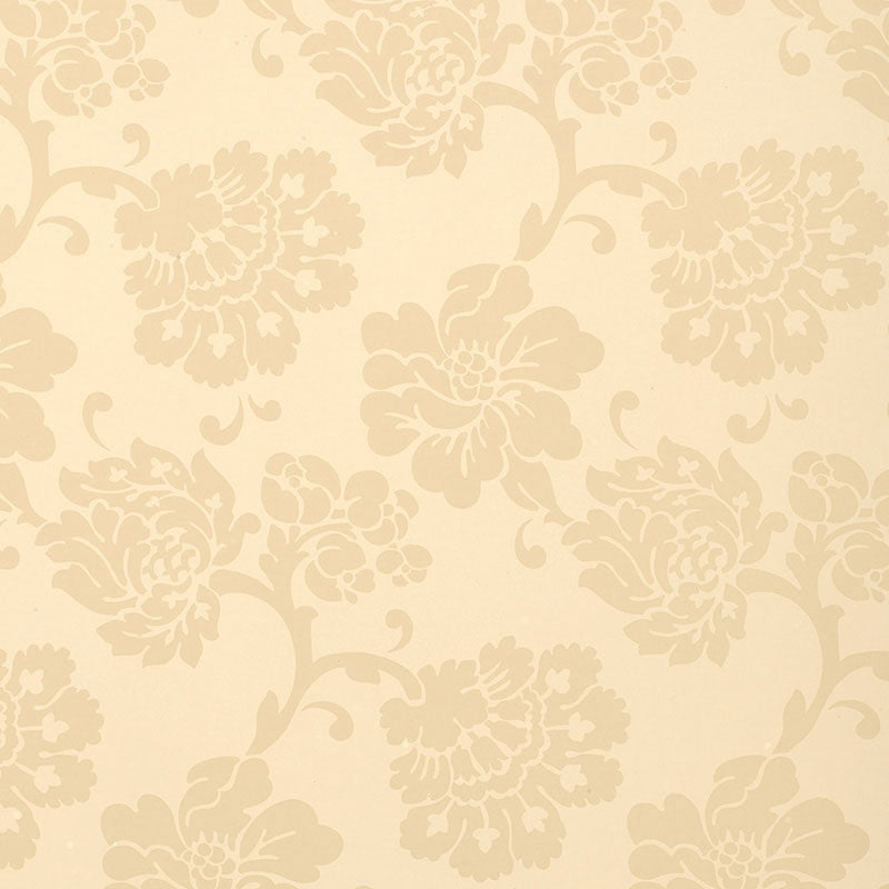 Albero Floreale Damask wallpaper in bisque by Schumacher, featuring a classic floral damask pattern in soft beige tones.