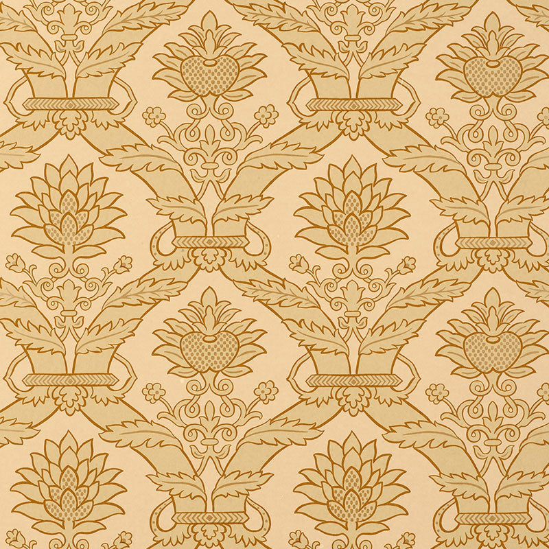 Siena Damask wallpaper in a natural colorway featuring a classic damask floral pattern by Schumacher.