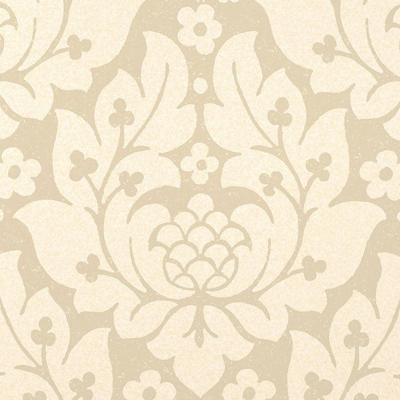 Fiore Damask Linen wallpaper by Schumacher, featuring a classic damask floral pattern in neutral tones.