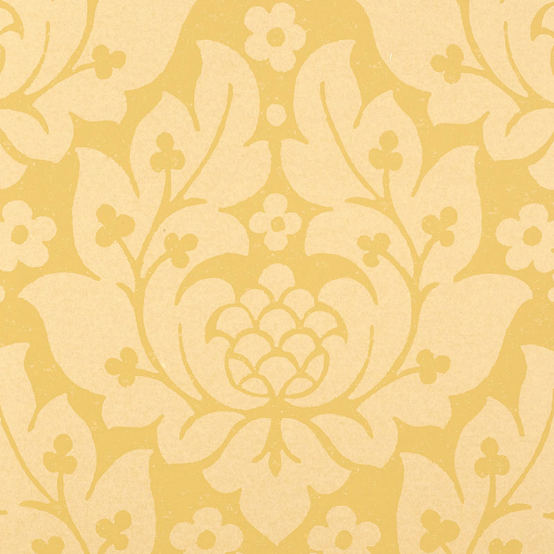 Fiore Damask wallpaper in Buttercup yellow by Schumacher, featuring a classic damask floral pattern.