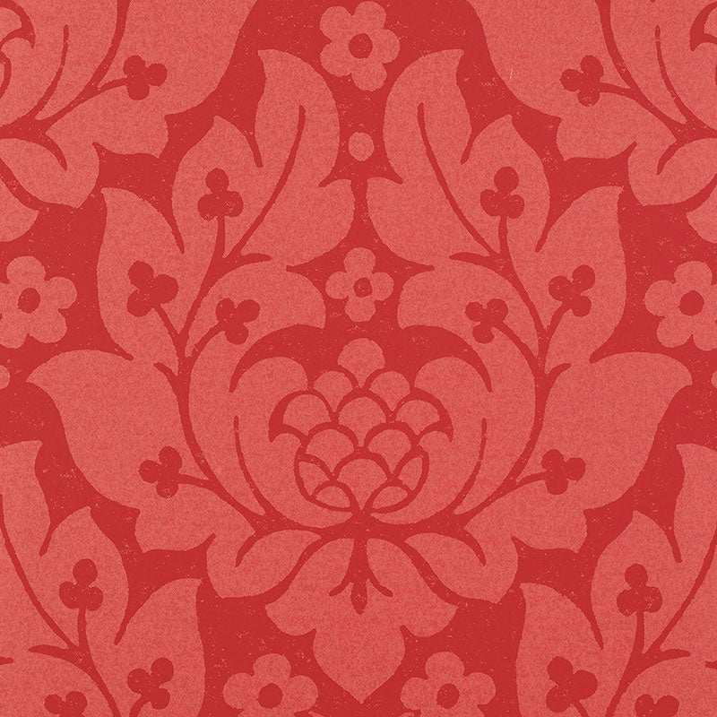Fiore Damask wallpaper in Berry by Schumacher, featuring a bold damask pattern in rich red tones.