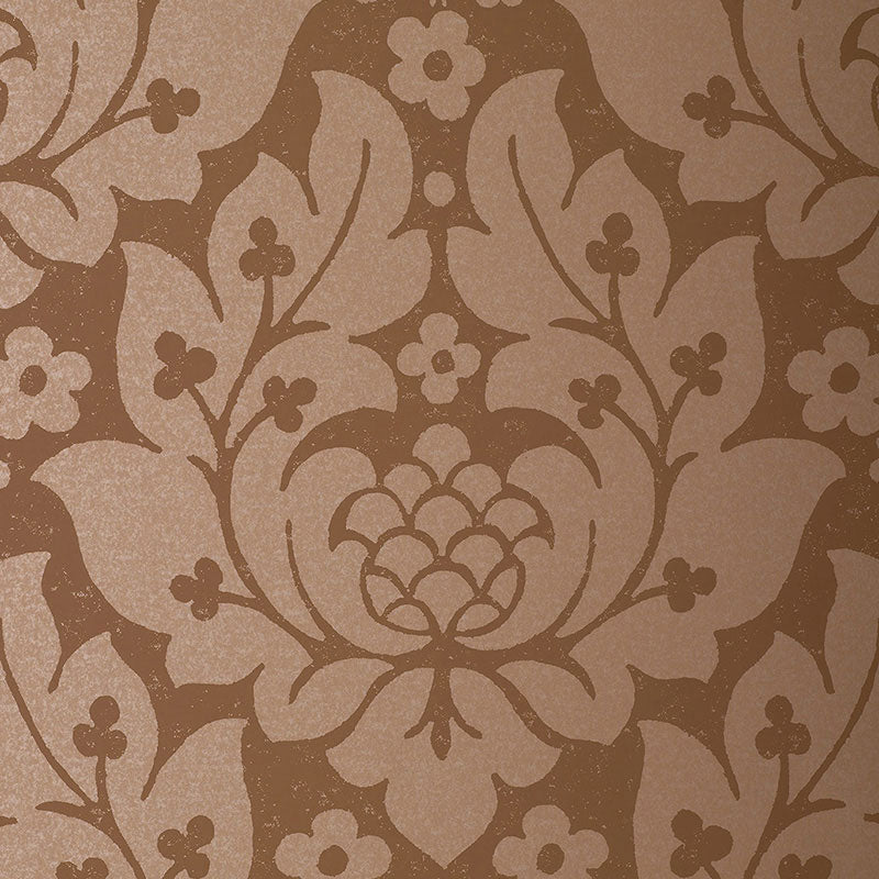 Fiore Damask Mocha wallpaper with a classic damask floral pattern in warm brown tones by Schumacher.