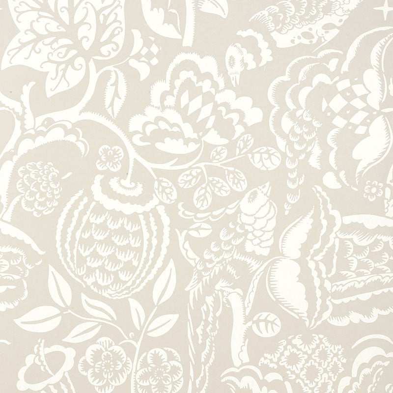 UCCELLO wallpaper in Stone by Schumacher features a hand-screened botanical and bird pattern in neutral tones.