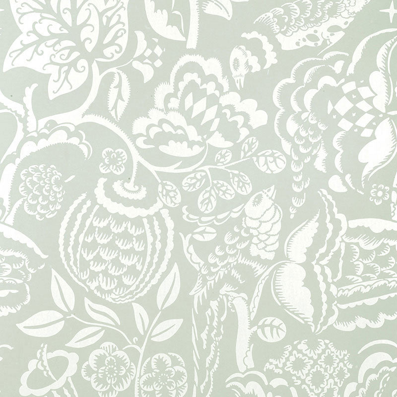 Aqua and white hand-screened botanical and bird pattern wallpaper from Schumacher's PALAZZO collection, UCCELLO design.