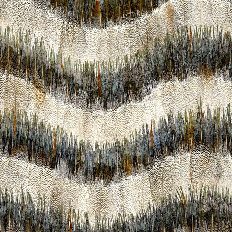 Belle Isle wallcovering in Birch by Schumacher, featuring a luxurious hand-applied feather stripe pattern with iridescent shimmer.