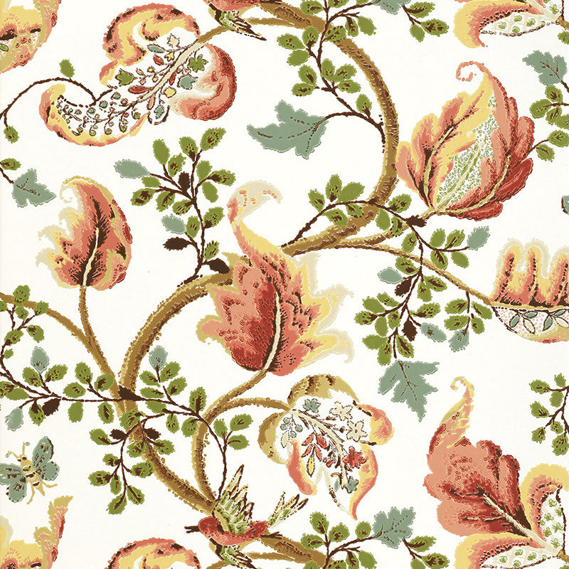 Fox Hollow Ivory botanical wallpaper with painterly floral and leaf pattern by Schumacher