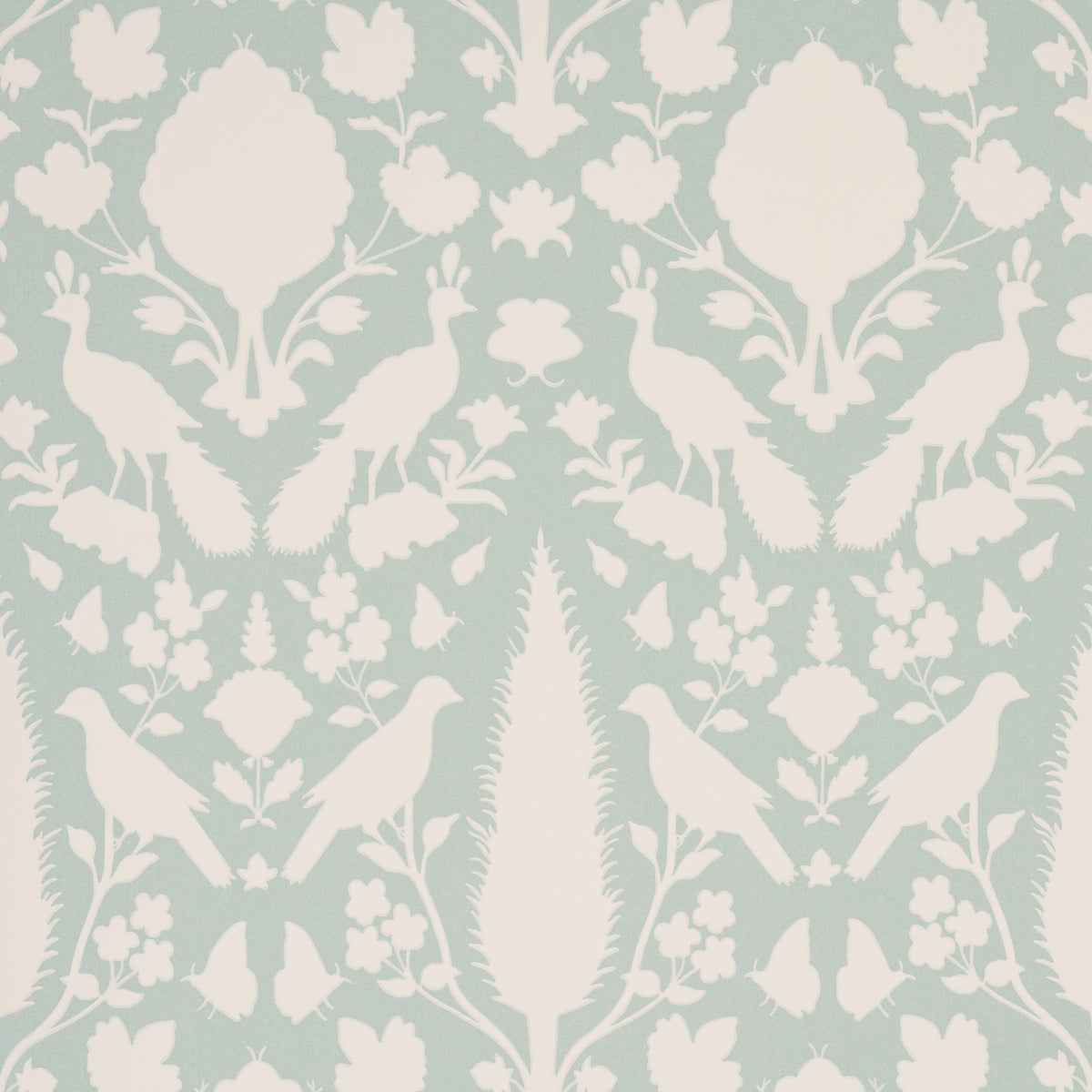 Chenonceau Aquamarine wallpaper by Schumacher featuring white flora and fauna silhouettes on a soft aquamarine background.