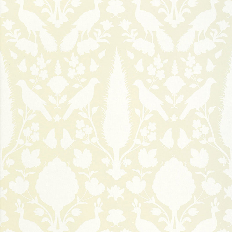 Chenonceau Bisque wallpaper by Schumacher featuring enchanting flora and fauna silhouettes in a damask-inspired pattern.