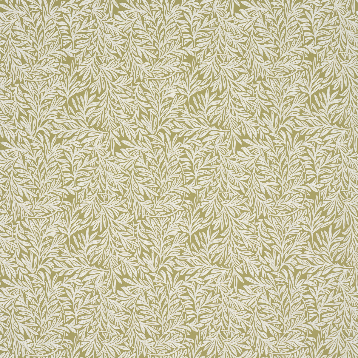 Willow Leaf Moss wallpaper by Schumacher featuring intertwining botanical leaf motifs in green and white.