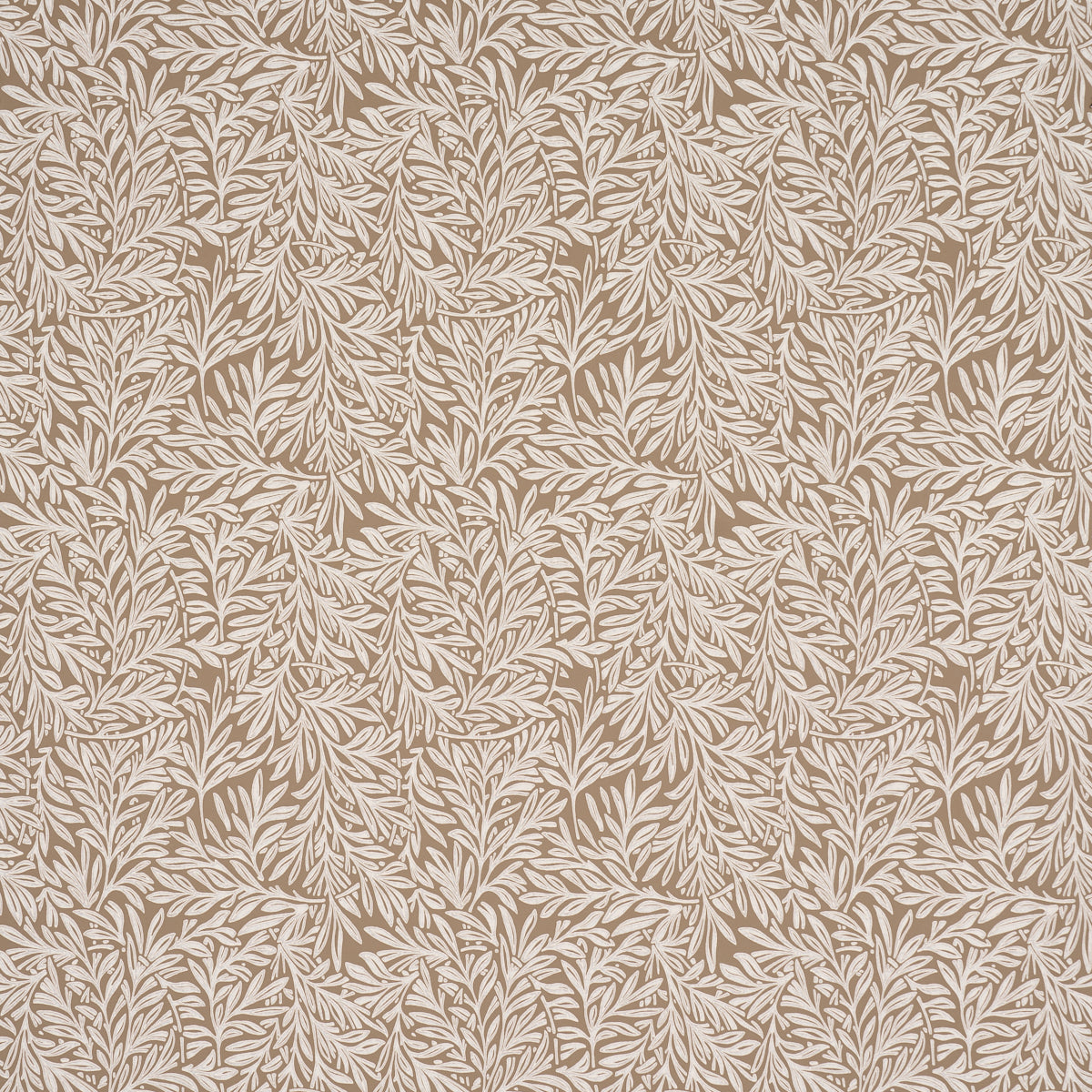 Willow Leaf Mocha wallpaper by Schumacher featuring intertwining botanical leaf motifs in a mocha colorway.