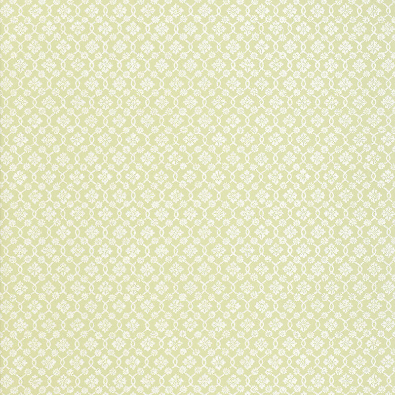 Harbury Trellis Willow wallpaper by Schumacher, featuring a delicate floral and lattice pattern in a soft green colorway.