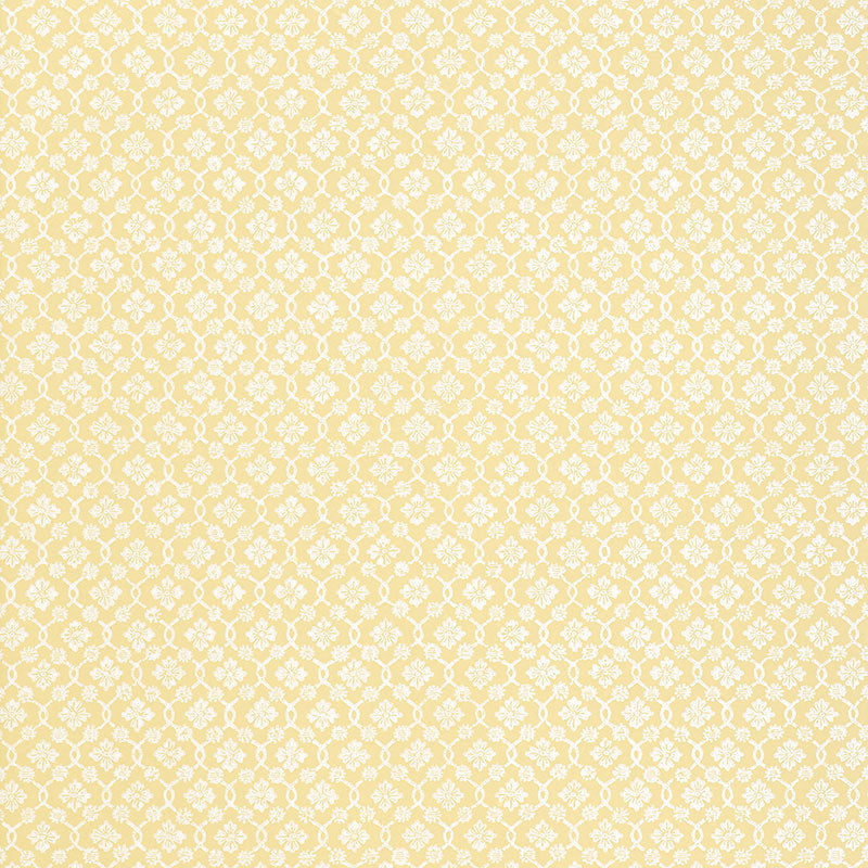Harbury Trellis wallpaper in Buttercup by Schumacher features a delicate floral and lattice pattern in yellow and white.