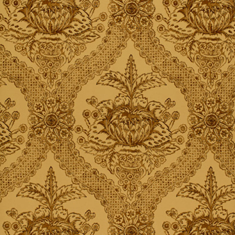 Haddon Hall Damask wallpaper in Umber by Schumacher, featuring a classic damask pattern in warm brown tones.
