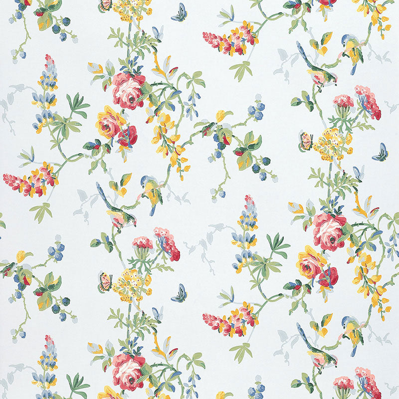 Chickadee Floral wallpaper in Sky by Schumacher, featuring colorful birds and flowers on a light background.