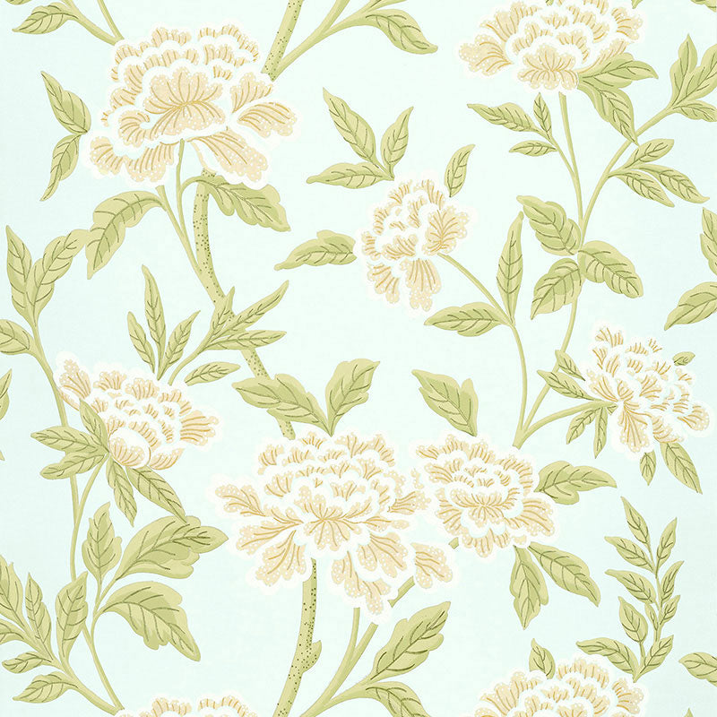 Whitney Floral wallpaper in aqua by Schumacher, featuring large-scale Chinoiserie-inspired blossoms and green leaves on a light blue background.