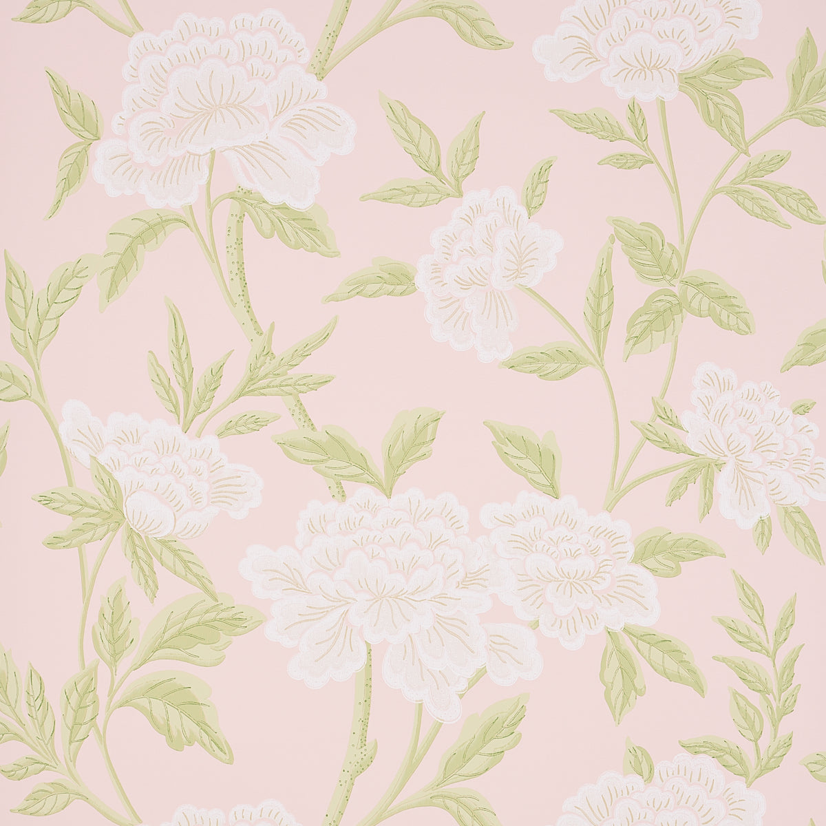 Whitney Floral blush wallpaper with large-scale Chinoiserie-inspired blossoms and green leaves on a pink background.