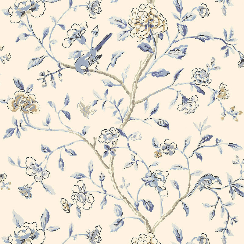 Annabelle Vine wallpaper in Porcelain by Schumacher, featuring a delicate floral and bird pattern in blue and beige tones.