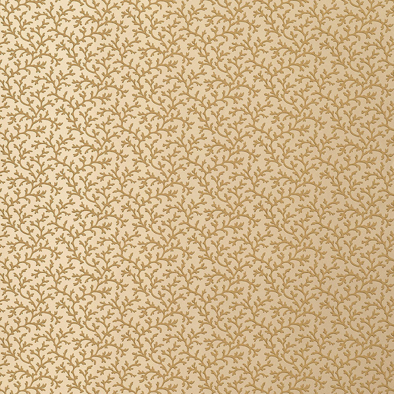 Burnished gold coral vine wallpaper with intricate botanical pattern on a neutral background.