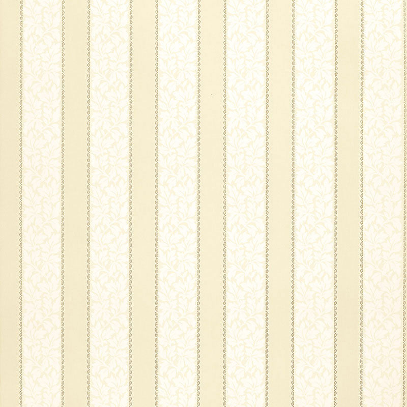 Wallis Stripe wallpaper in Bone by Schumacher features alternating solid and floral bands with decorative edging in a soft neutral palette.