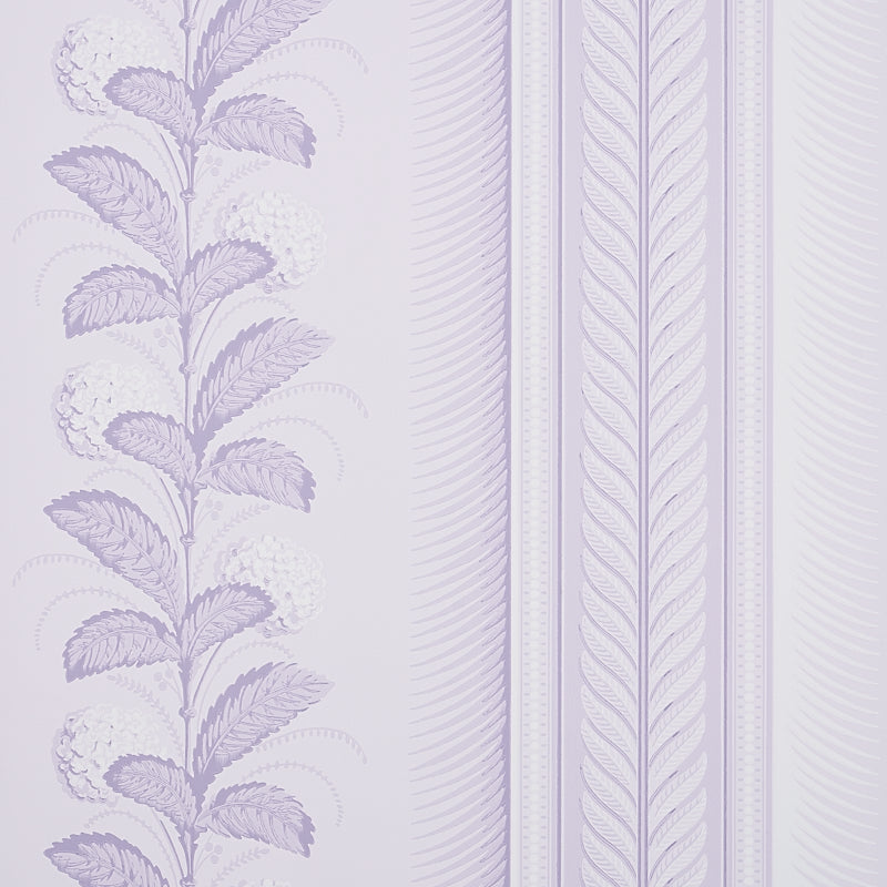 Hydrangea Drape wallpaper in lilac by Schumacher, featuring large-scale floral stripes and ornate border design.