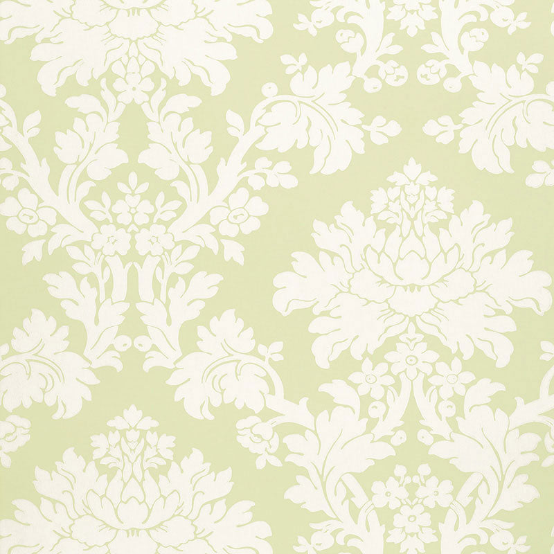 Tierni Damask wallpaper in celery green and white by Schumacher, featuring a classic damask pattern.